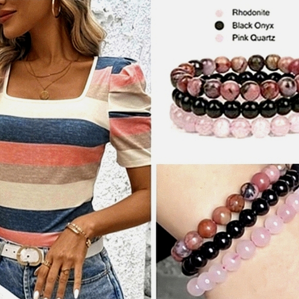 4 Pc Petite Top Bracelet Vacay Outfit Square Neck S M L Blouse  Stone Jewelry